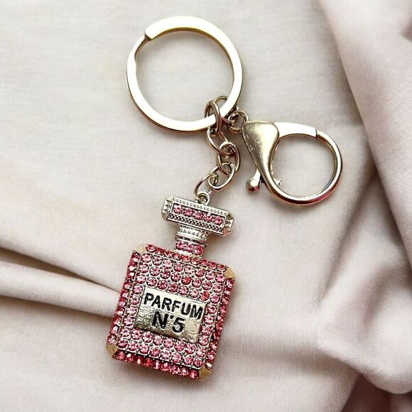 Pink Crystal Parfum No. 5 Perfume Bottle Silver Keychain - Picture 1 of 2